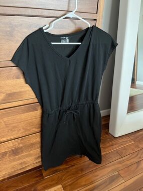 Women's Black V-Neck Midi Dress with Drawstring Waist